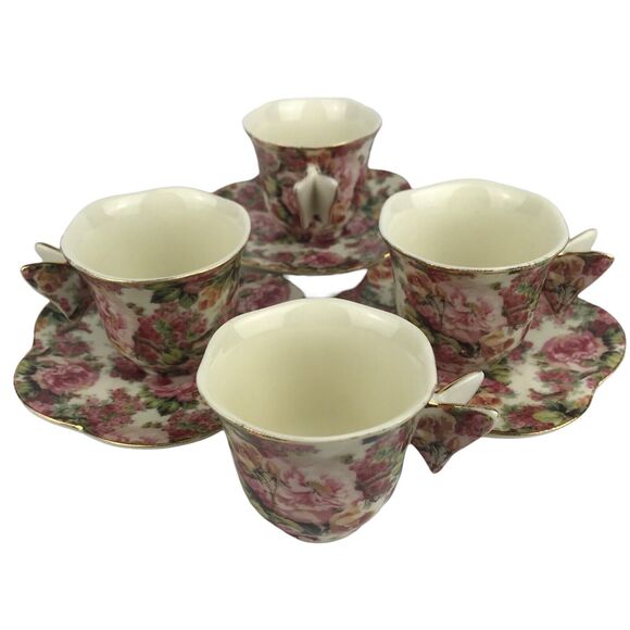 Baum Bros Formalities Set 4 Butterfly Handle Demitasse Tea Cups & 3 Saucers Rose - Picture 1 of 15
